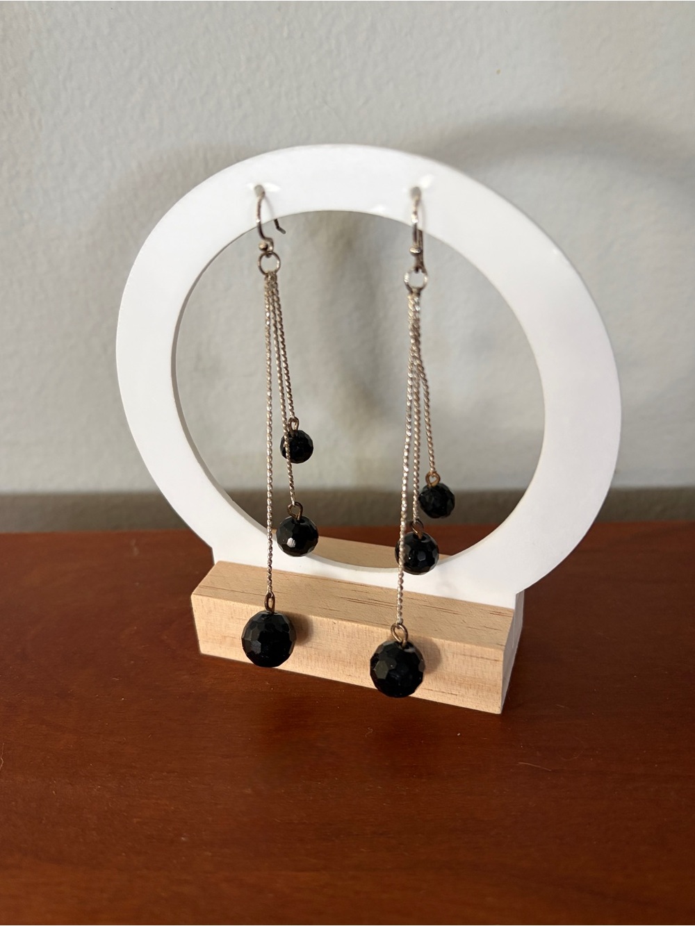 Black Faceted Stone Long Dangle Earrings